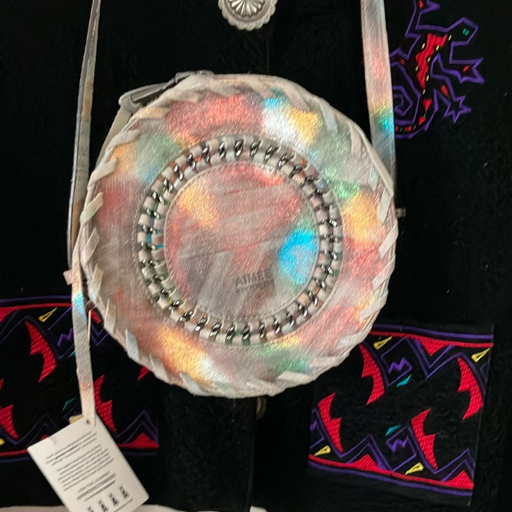 Aimee Kestenberg Silver Crossbody Bag with Unique Design 7 1/2 inches in di